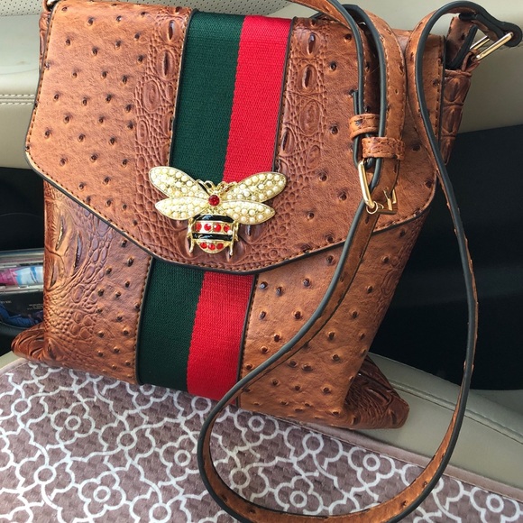 Ostrich look Brown Gucci Stripe Purse w Pearl Bee - Picture 1 of 3